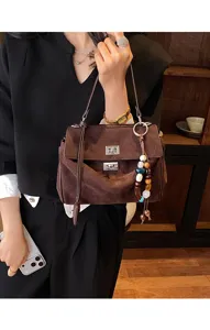 Brown suede women shoulder handbag minimalist tote casual crossbody bag detail shot