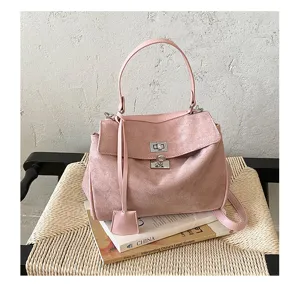 Pink suede women handbag minimalist top handle shoulder crossbody bag for daily chic style.