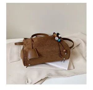 Brown suede women shoulder handbag minimalist daily casual tote bag with chic beaded charm detail.