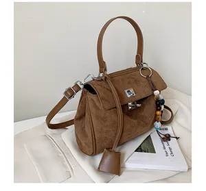 Brown suede women handbag retro top handle shoulder crossbody bag with chic bead charm.