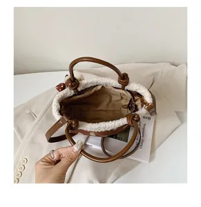 Vintage Herbst Winter Damen Eimer Handtasche Lammfellbraun gepunktet Umhängetasche Detail