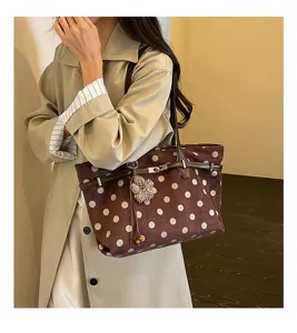 Retro brown polka dot suede tote bag, large capacity shoulder handbag for women detail.