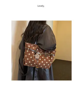 Vintage brown polka dot suede tote bag women large capacity shoulder bag autumn winter