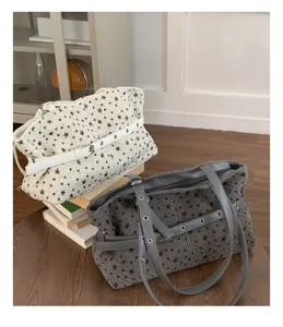 Ρετρό μάλλινη τσάντα shopper με τύπωμα αστέρι, μεγάλη casual γυναικεία τσάντα ώμου.