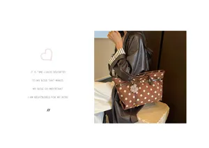Retro polka dot suede tote bag detail, large capacity autumn winter women shoulder handbag.