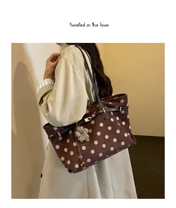 Polka dot suede tote bag, autumn winter retro large capacity handbag with flower charm.