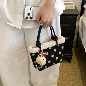 Herbst Winter Retro Damen Handtasche Plüsch Besatz Polka Dot Tote Tasche lässige Umhängetasche