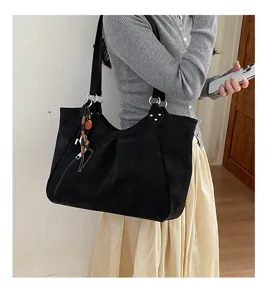 Detail view of the black large capacity women shoulder tote bag, simple design for daily commute.