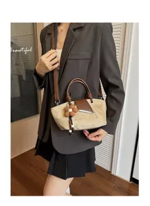 Retro Suede Tote Bag Women Vintage Shoulder Handbag Casual Niche Crossbody Bag With Flower
