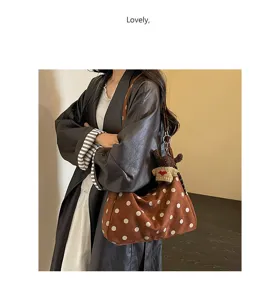 Vintage polka dot suede shoulder bag for women, large capacity autumn winter underarm tote bag.