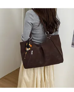 Stylish women's large capacity shoulder tote bag, casual solid brown underarm bag for daily commute.