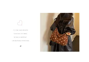 Detailed back view of vintage brown polka dot suede underarm shoulder bag for autumn winter.