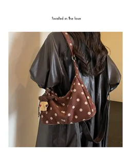 Vintage brown polka dot faux suede underarm shoulder bag with cute bear charm for women.