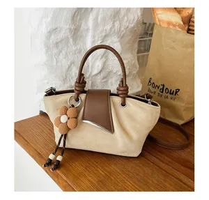 Retro suede tote handbag for women, simple versatile single shoulder crossbody bag detail.