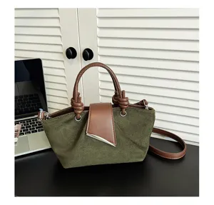 Vintage suede handbag for women, casual tote bag with brown leather handle and shoulder strap.