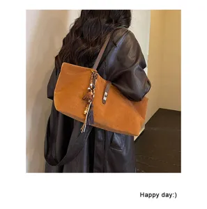 Bolso shopper retro de ante para mujer, gran bolso de hombro casual con dije de flecos.