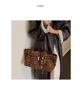 Bolso tote de ante con estampado de leopardo retro gran capacidad bolso de hombro mode.