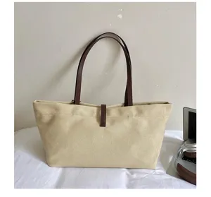 Casual canvas tote bag detail view, simple retro shoulder underarm bag for everyday use