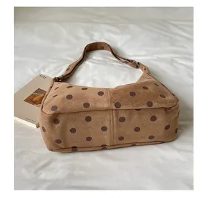 Brown suede polka dot underarm shoulder bag, vintage autumn winter fashion handbag.