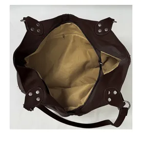 Women large capacity brown leather tote shoulder bag minimalist commuting stylish handbag.