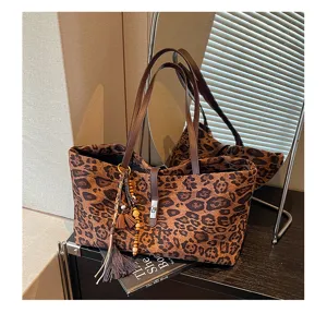Bolso tote de ante con estampado de leopardo para mujer, bolso de hombro retro casual.