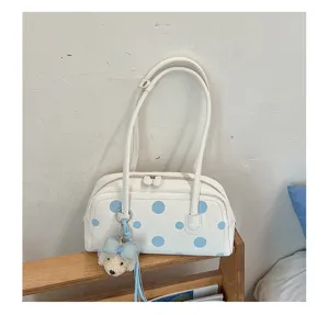 Bolso de hombro tipo bolso de bolos blanco de lunares para mujer con oso colgante y estilo.
