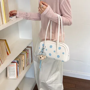 Bolso tipo bowling de lunares azul y blanco para mujer elegante bolso de hombro oso