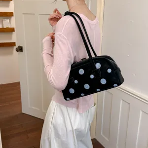 Bolso de hombro estilo bolo negro con lunares para mujer, elegante bolso con doble correa.