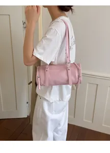 Bolso de hombro cilíndrico rosa para mujer, elegante bolso de axila con herrajes metálicos.