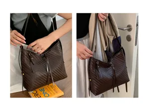 Dark brown woven bucket bag detail, retro style leather shoulder bag for women daily use.