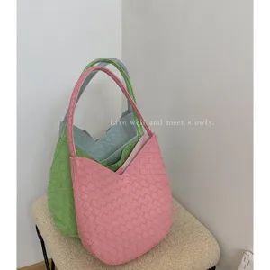 Summer Large Capacity Woven Underarm Bag Women Fashion Casual PU Leather Solid Color Shoulder Bucket Bag Commuter Handbag