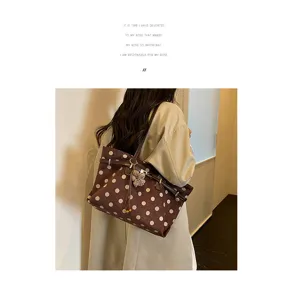 Vintage polka dot suede shoulder tote bag, large capacity autumn winter handbag for women.