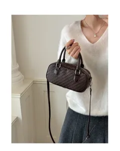 Women woven texture boston shoulder handbag vintage brown crossbody bag stylish purse