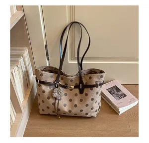 Vintage polka dot suede tote bag for women, large capacity shoulder bag with belt.