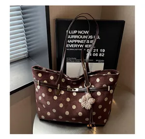 Autumn Winter Vintage Large Capacity Women Polka Dot Suede Tote Bag Brown Handbag