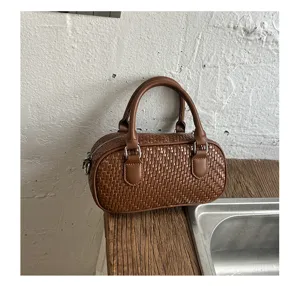 Brown woven texture boston handbag, minimalist retro style shoulder cross body bag.