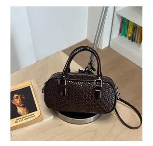 Dark brown woven leather handbag, stylish top handle shoulder bag for women daily use.