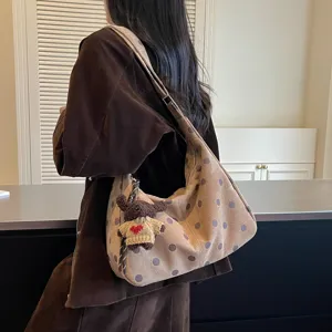 Retro polka dot suede shoulder hobo bag for women, large capacity autumn winter messenger bag.
