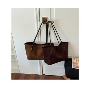 Vintage suede tote bag large capacity casual shoulder bag women's minimalist design handbag