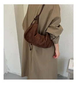 Vintage brown suede underarm bag for women minimalist dumpling shoulder crossbody bag