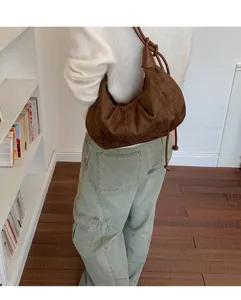 Retro suede shoulder hobo bag for women autumn winter minimalist dumpling crossbody handbag detail