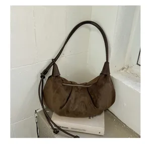 Minimalist brown suede underarm bag for women, retro pleated hobo shoulder crossbody bag.