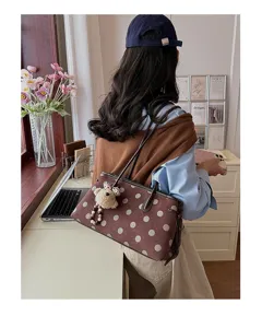 Women suede shoulder bag vintage large polka dot handbag casual commuter underarm bag with bear