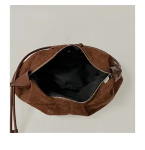Brown suede hobo bag for women, retro dumpling shoulder bag, casual minimalist crossbody bag.