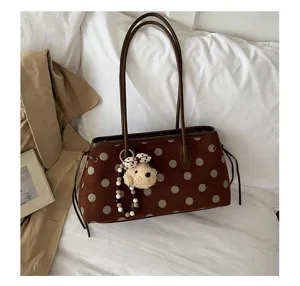 Brown Suede Polka Dot Shoulder Bag Retro Tote with Bear Charm and Drawstring for Women