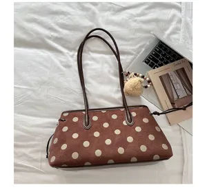 Brown suede tote bag with large polka dot print, casual commuter shoulder bag for women.