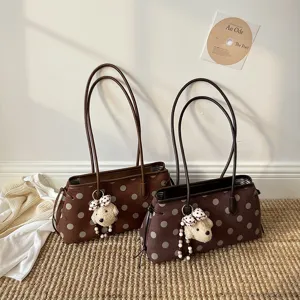 Women Suede Shoulder Handbag Large Polka Dot Print Commuter Bag Cute Bear Pendant New