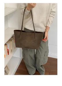 Minimalist brown suede tote bag for women, large capacity shoulder bag for daily use.