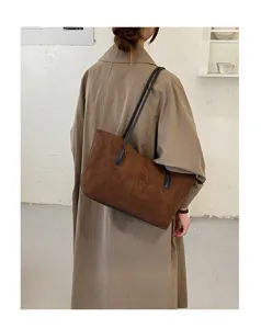 Retro brown suede shoulder bag for women, large capacity minimalist tote and underarm bag.