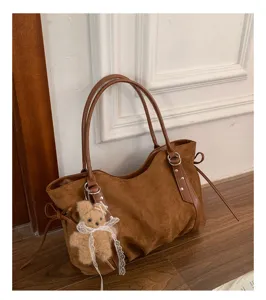 Brown suede tote bag for women, large capacity winter shoulder bag with cute bear charm.